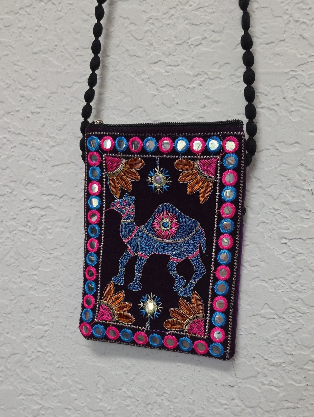Embroidered Camel Crossbody Bag in Black with Pink & Blue Accents